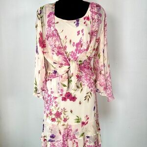 Vintage 90 2 PC Eva Blue Floral Chiffon Dress Shrug Beaded Tiered Fairy S/M